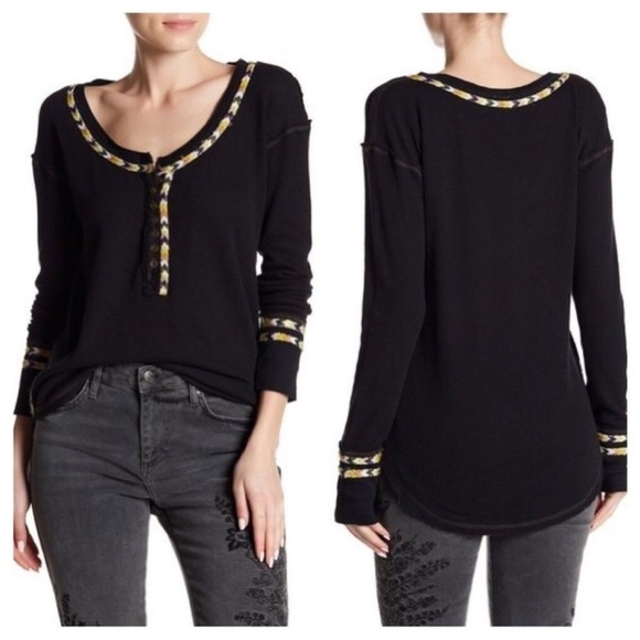 Free People Black Rainbow Thermal Waffle Knit Embroidered Henley Top Size Small - Picture 12 of 12